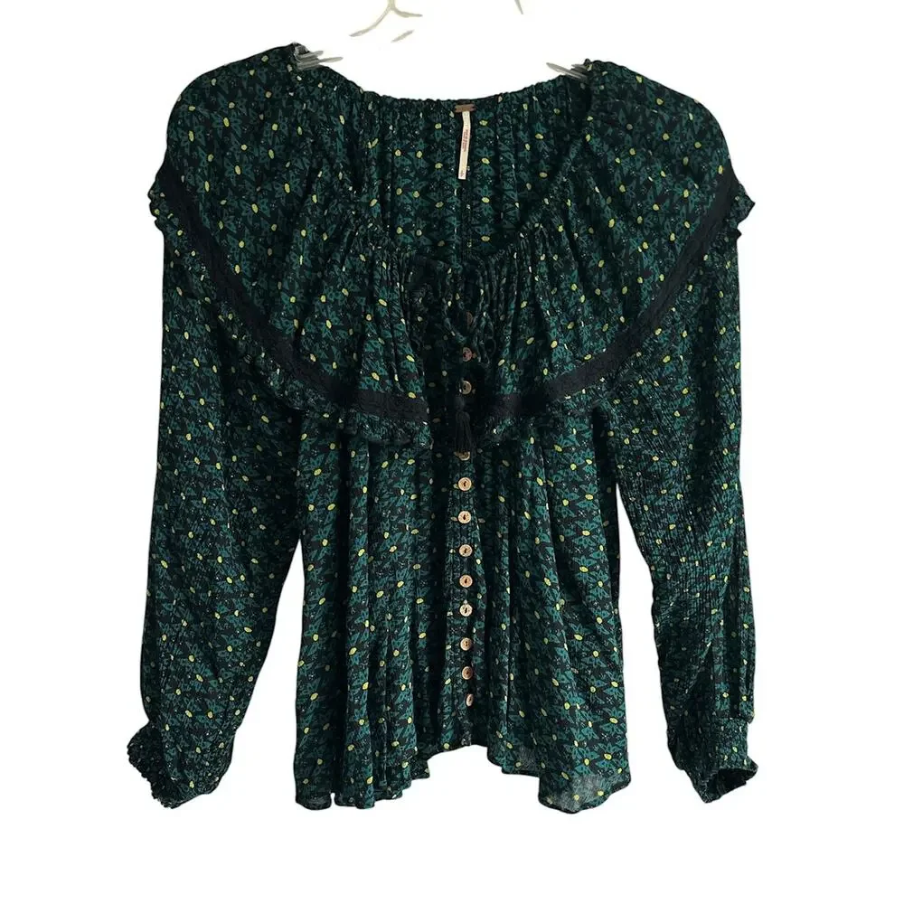 Free People Small Petite Oversized Collar‎ Green Floral Print Button Up Blouse